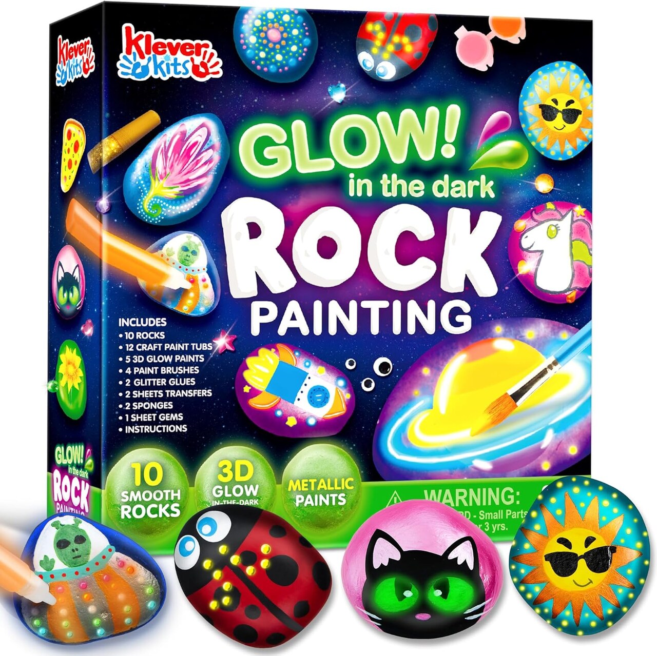 Glow-in-the-Dark Rock Painting Kit – Arts & Crafts DIY Set for Kids Ages 6-12, Includes Paints, Brushes, Stickers & Gems, Perfect Birthday or Holiday Gift